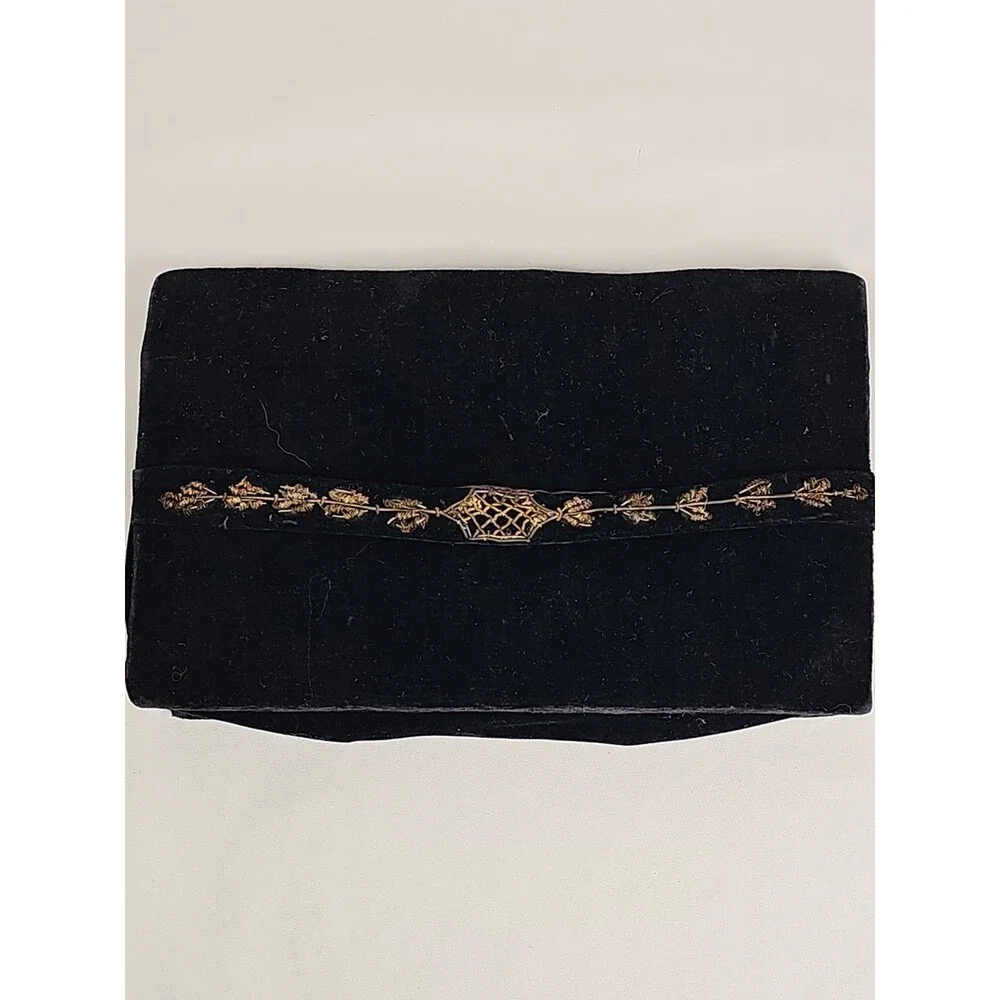 Vintage Black Velvet Gold Embroidered Clutch Purse Made in India Evening Bag 50s